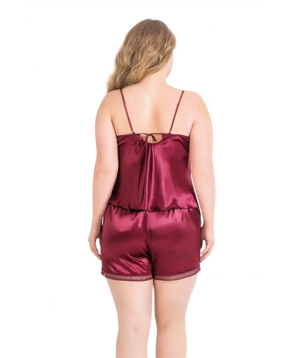 Morliva Büyük Beden Bordo Saten Babydoll Şort Takımı