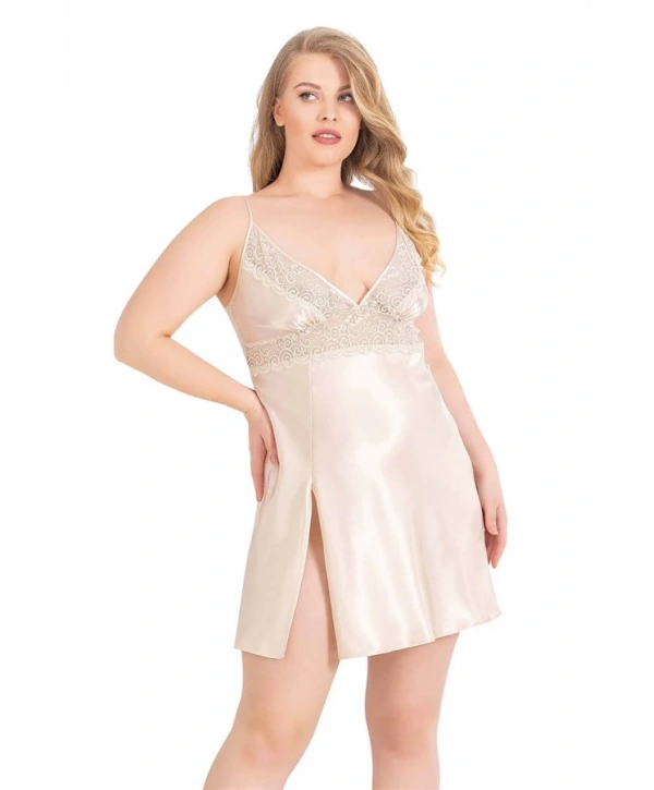 Morliva Büyük Beden Fildişi Kısa Saten Gecelik