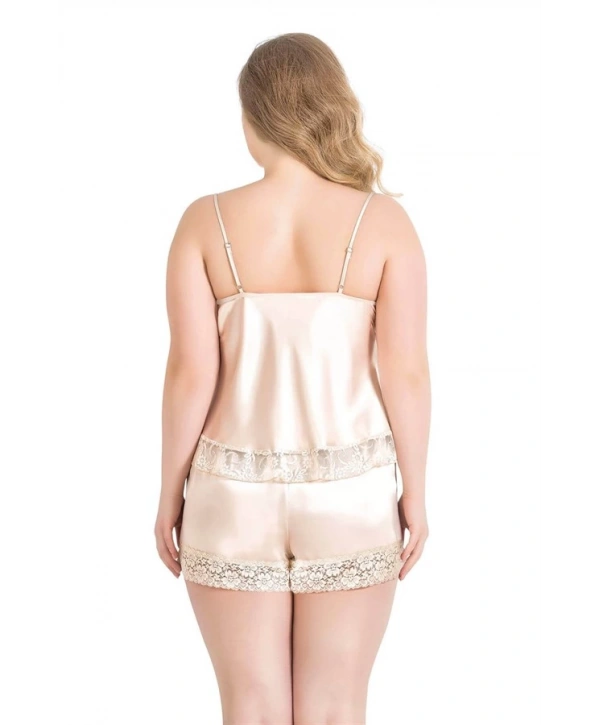 Morliva Büyük Beden Fildişi Saten Babydoll Şort Takımı
