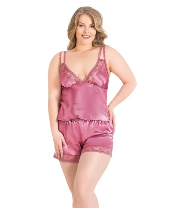 Morliva Büyük Beden Gül Kurusu Saten Babydoll Şort Takımı