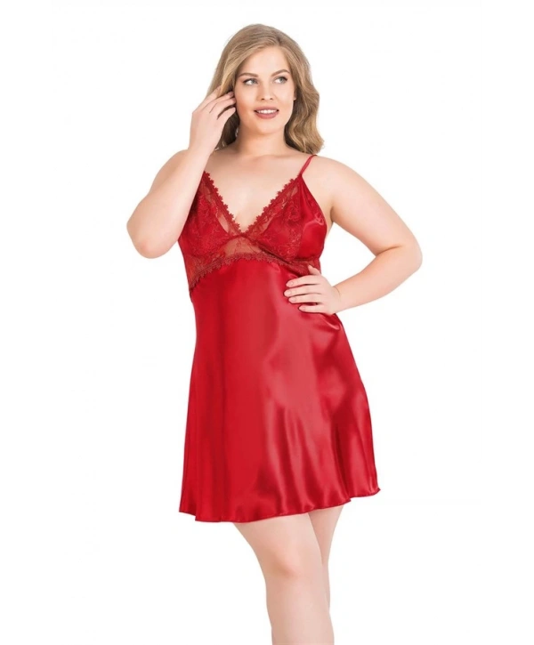 Morliva Büyük Beden Kırmızı Kısa Saten Gecelik