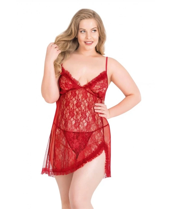 Morliva Büyük Beden Kırmızı Kısa Tül Gecelik