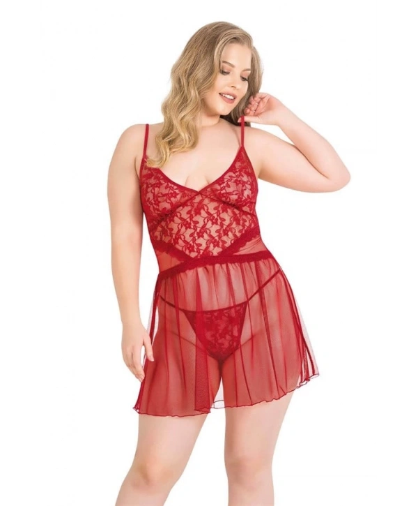Morliva Büyük Beden Kırmızı Kısa Tül Gecelik