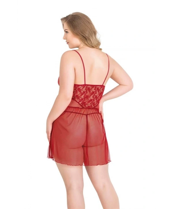 Morliva Büyük Beden Kırmızı Kısa Tül Gecelik