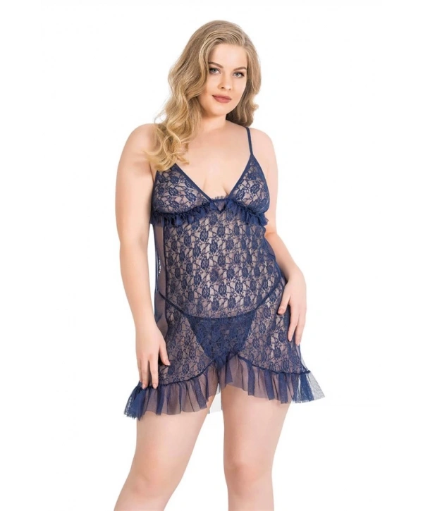 Morliva  Büyük Beden Lacivert Kısa Tül Gecelik