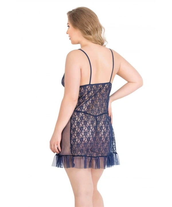 Morliva  Büyük Beden Lacivert Kısa Tül Gecelik