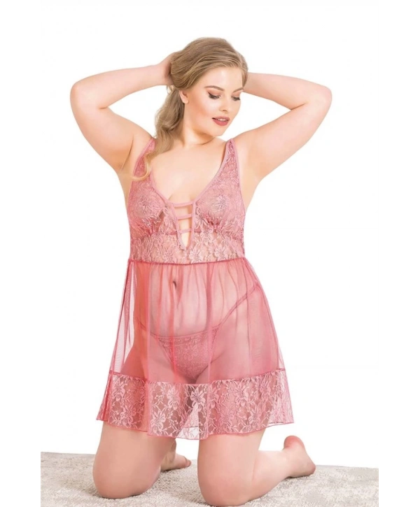 Morliva Büyük Beden Mercan Kısa Tül Gecelik