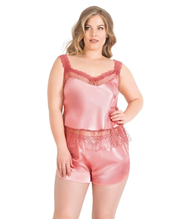 Morliva Büyük Beden Mercan Saten Babydoll Şort Takımı