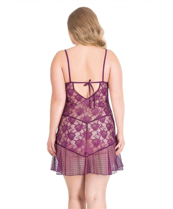 Morliva Büyük Beden Mor Kısa Tül Gecelik