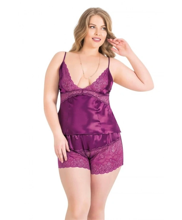 Morliva  Büyük Beden Mor Saten Babydoll Şort Takımı