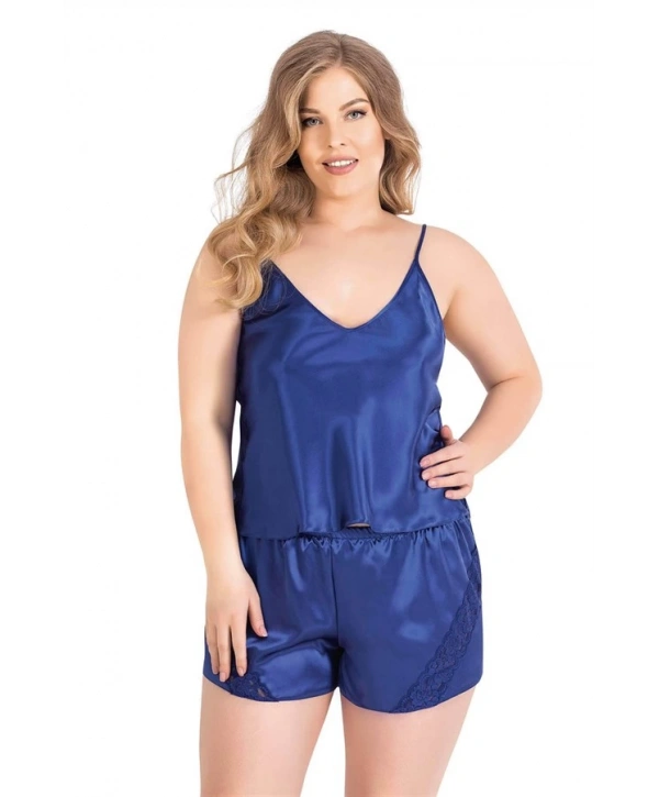 Morliva Büyük Beden Saks Saten Babydoll Şort Takımı