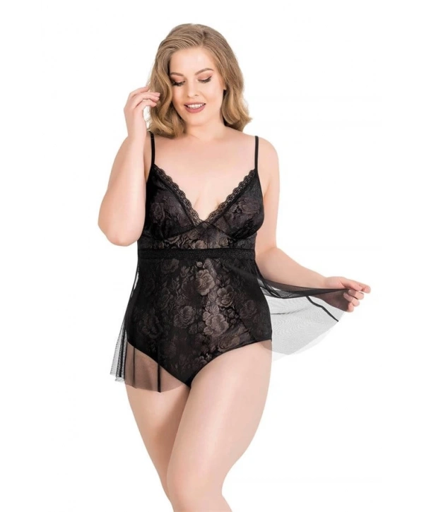 Morliva  Büyük Beden Siyah Bodysuit Jakarlı Gecelik