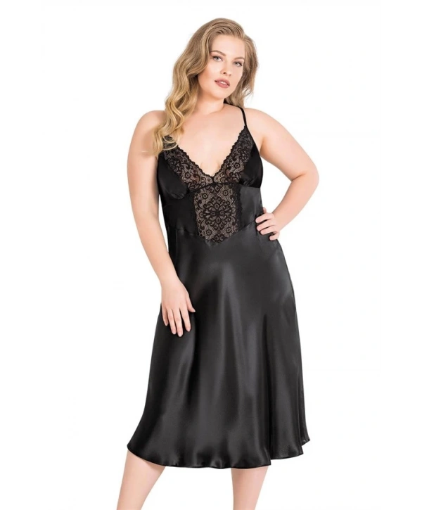 Morliva Büyük Beden Siyah Uzun Saten Gecelik