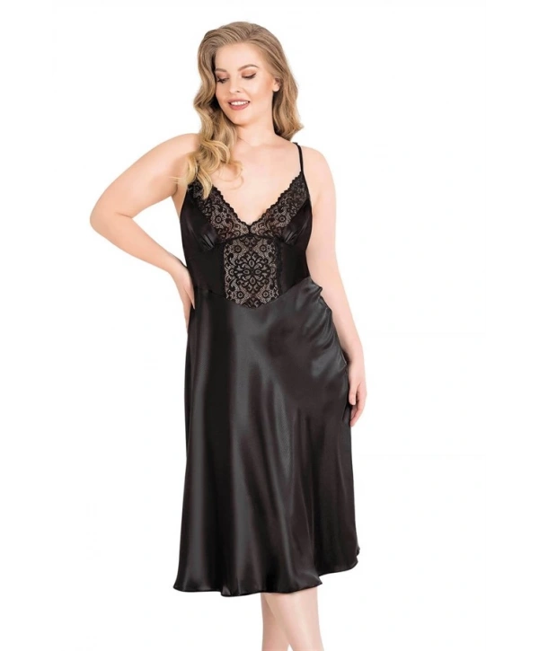 Morliva Büyük Beden Siyah Uzun Saten Gecelik