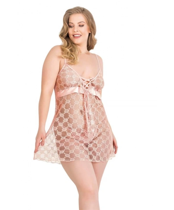 Morliva  Büyük Beden Somon Kısa Tül Gecelik