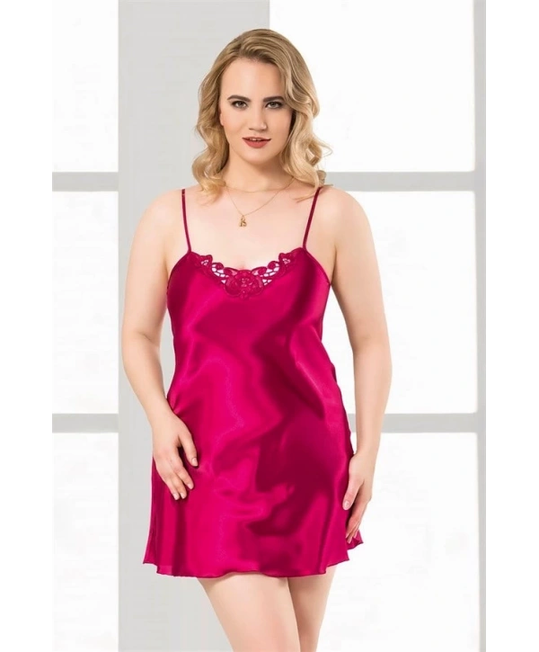 Morliva Büyük Beden Vişne Kısa Saten Gecelik