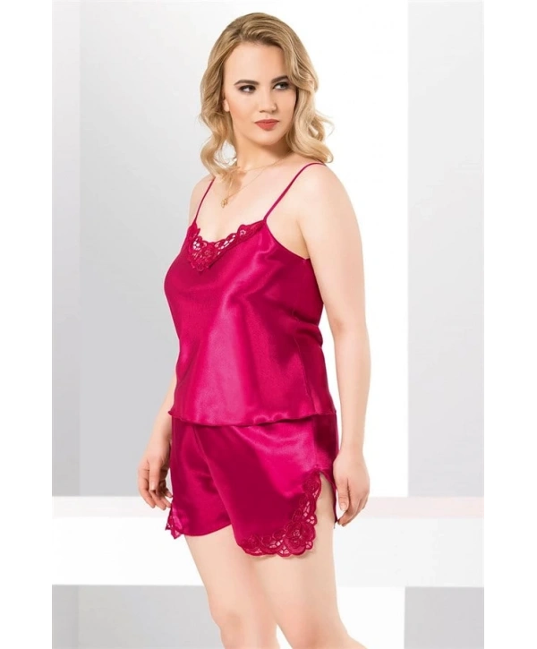 Morliva Büyük Beden Vişne Saten Babydoll Şort Takımı