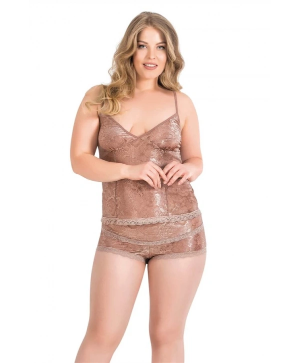 Morliva Büyük Beden Vizon Jakarlı Babydoll Şort Takımı