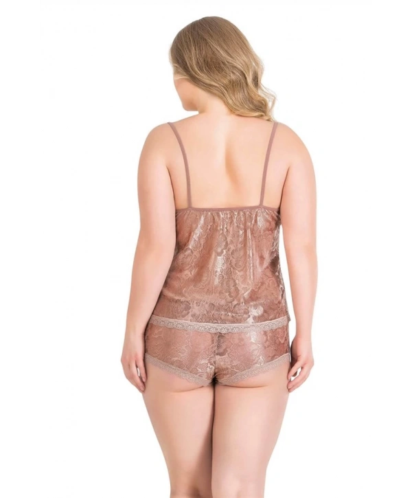 Morliva Büyük Beden Vizon Jakarlı Babydoll Şort Takımı