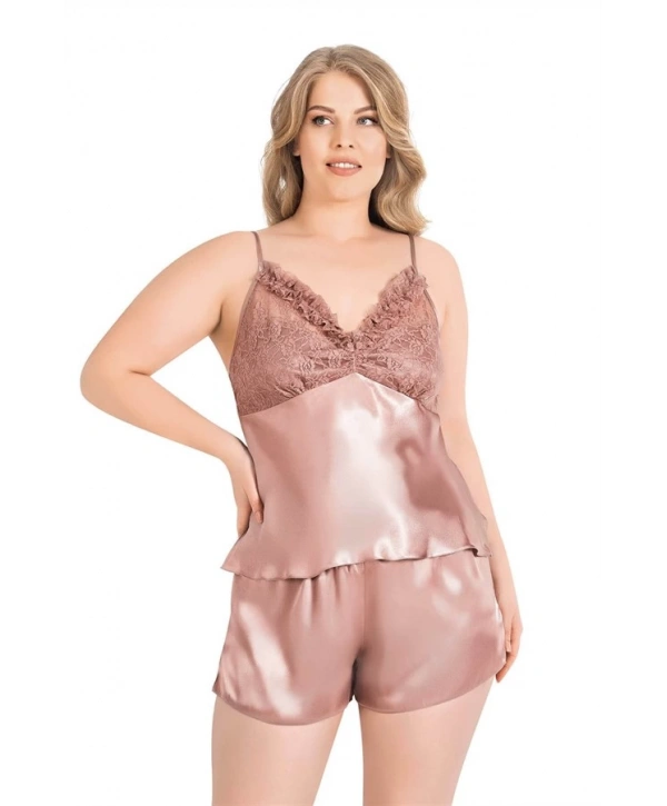 Morliva Büyük Beden Vizon Saten Babydoll Şort Takımı