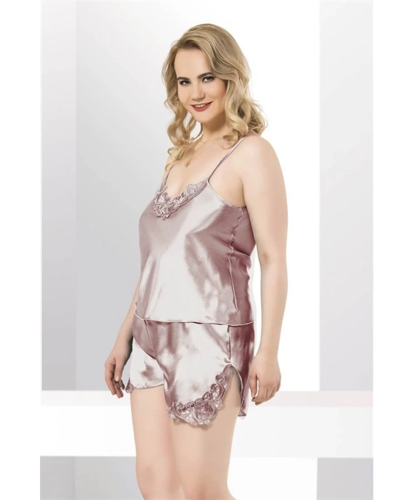 Morliva Büyük Beden Vizon Saten Babydoll Şort Takımı