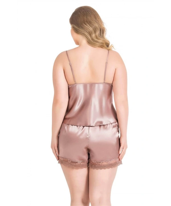 Morliva Büyük Beden Vizon Saten Babydoll Şort Takımı