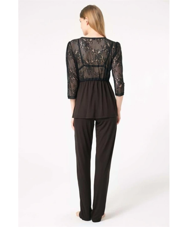 Morliva  Dantelli Sabahlık Balensiz Desteksiz Dolgusuz Yaka Detaylı Sütyen ve Pantolon Pijama 3lü Takım