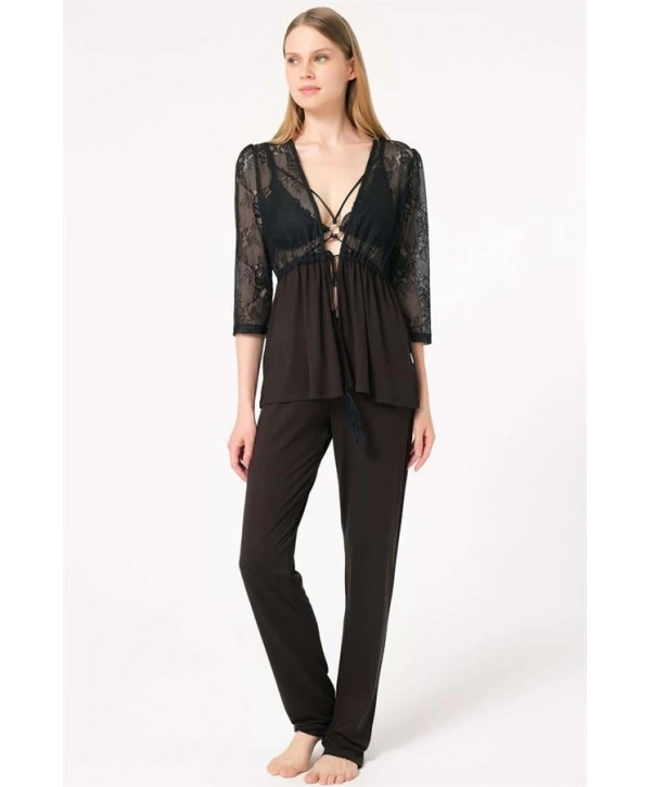 Morliva  Dantelli Sabahlık Balensiz Desteksiz Dolgusuz Yaka Detaylı Sütyen ve Pantolon Pijama 3lü Takım