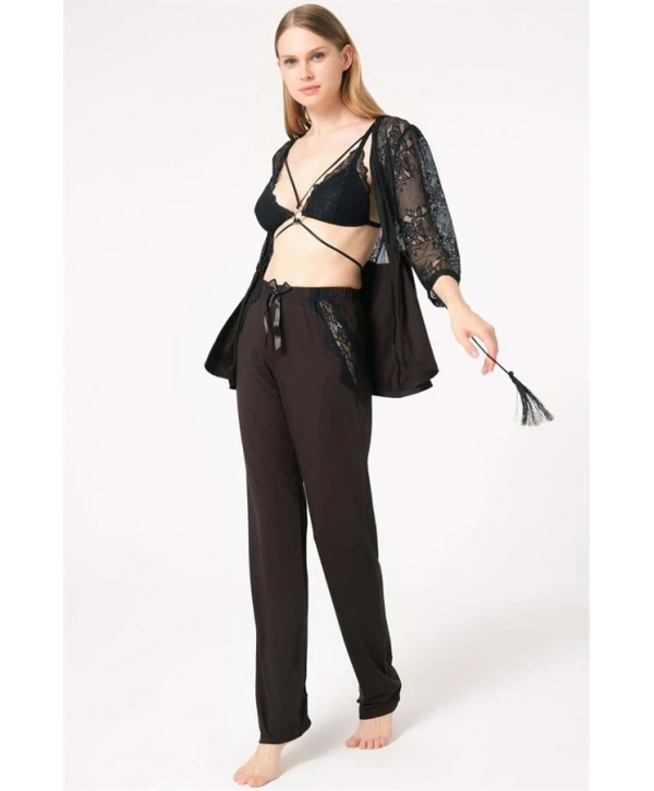 Morliva  Dantelli Sabahlık Balensiz Desteksiz Dolgusuz Yaka Detaylı Sütyen ve Pantolon Pijama 3lü Takım