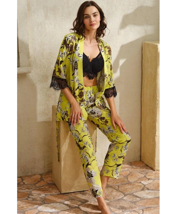 Morliva  Dokuma Viskon Çiçek Baskılı Dantelli Sabahlık Balenli Desteksiz Dolgusuz Büstiyer Sütyen ve Pantolon Pijama 3lü Takım