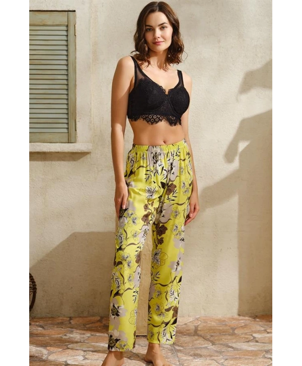 Morliva  Dokuma Viskon Çiçek Baskılı Dantelli Sabahlık Balenli Desteksiz Dolgusuz Büstiyer Sütyen ve Pantolon Pijama 3lü Takım