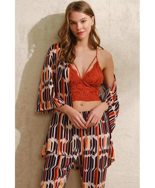 Morliva  Dokuma Viskon Geometrik Baskılı Sabahlık Balensiz Desteksiz Dolgusuz Yaka Detaylı Dantelli Büstiyer Sütyen ve Pantolon Pijama 3lü Takım