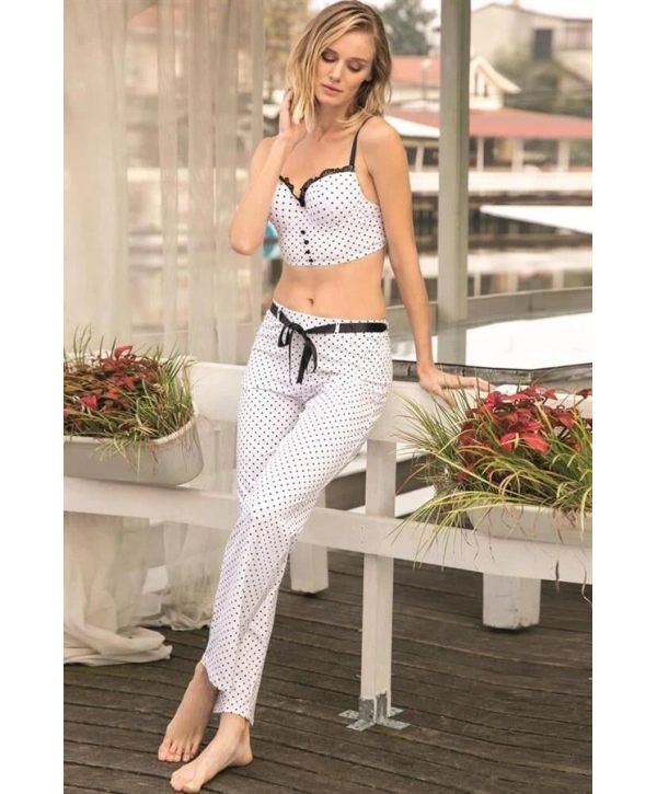 Morliva  Fantezi Bralet Sütyen Pamuklu Puantiye Desenli Desteksiz Dantel Detaylı Pijama Takımı