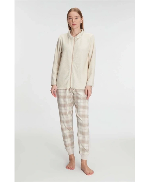 Morliva  Fermuarlı Uzun Kol Sweatshirt Pantolon Takım Viskon ve Pamuklu Pijama Takımı