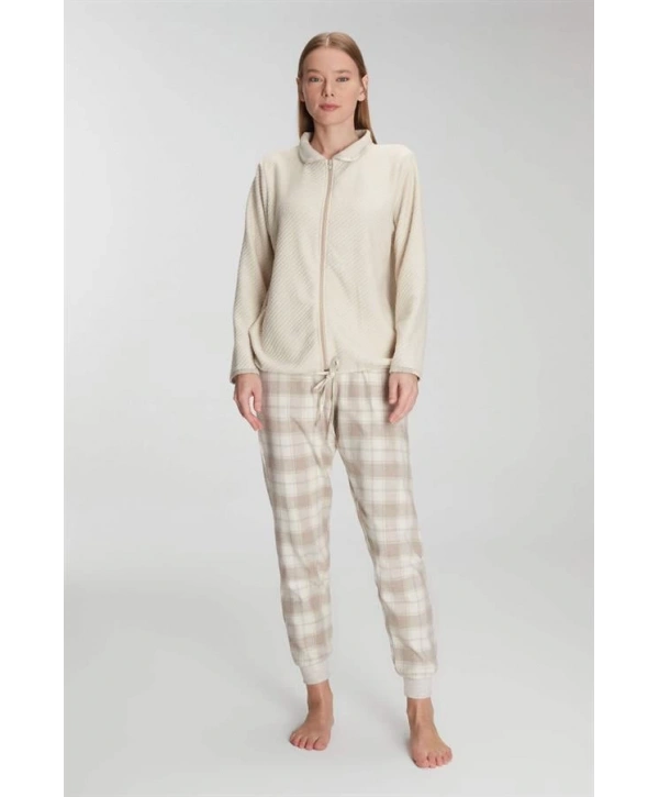 Morliva  Fermuarlı Uzun Kol Sweatshirt Pantolon Takım Viskon ve Pamuklu Pijama Takımı