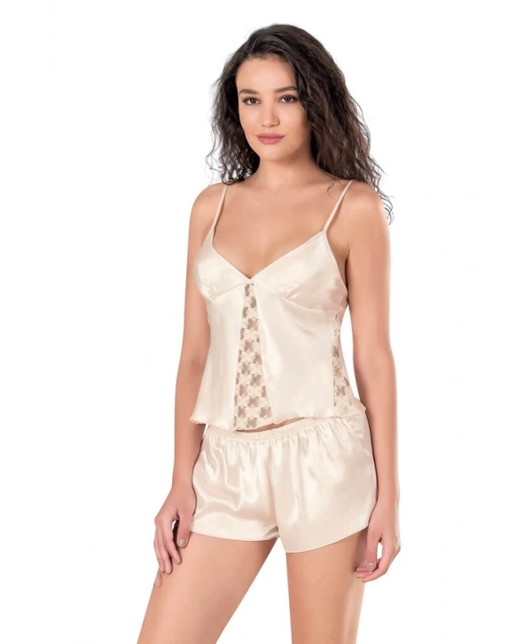 Morliva Fildişi Saten Babydoll Şort Takımı