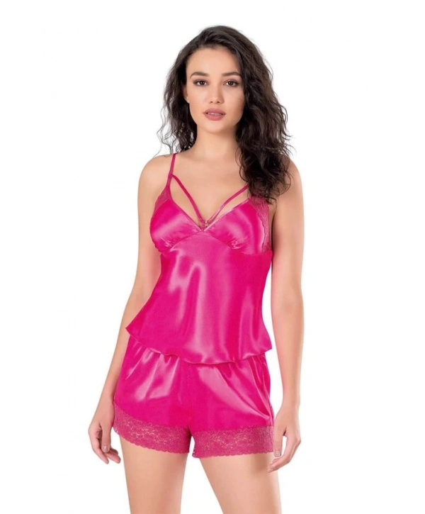 Morliva  Fuşya Saten Babydoll Şort Takımı