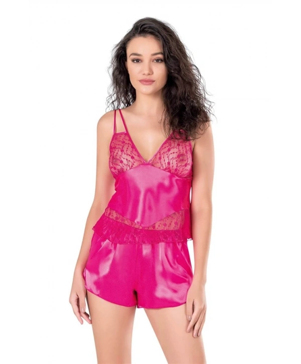Morliva  Fuşya Saten Babydoll Şort Takımı