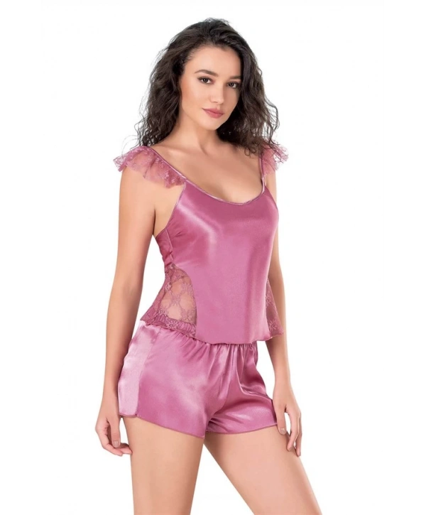 Morliva Gül Kurusu Saten Babydoll Şort Takımı