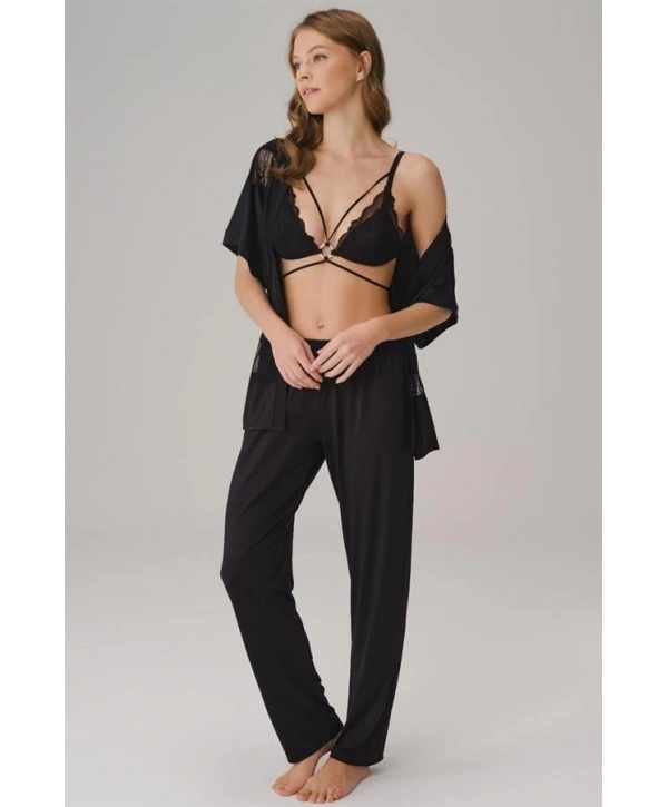 Morliva   İp Askılı V Yaka Düz Yazlık Uzun Dantel Detaylı Pijama Takımı Sabahlık