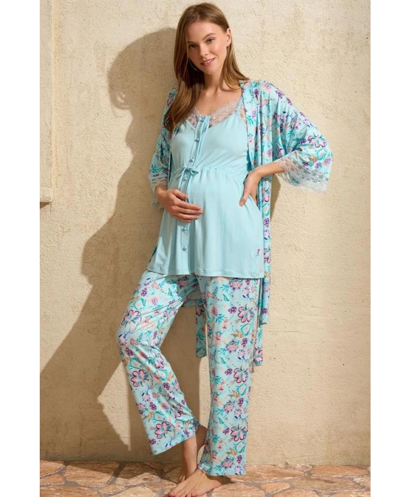 Morliva  İp Askılı V Yaka Kadın Çiçek Desenli Yazlık Dantel Detaylı Hamile Pijama Takımı Sabahlık