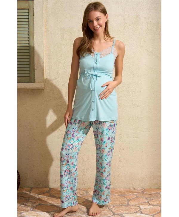 Morliva  İp Askılı V Yaka Kadın Çiçek Desenli Yazlık Dantel Detaylı Hamile Pijama Takımı Sabahlık