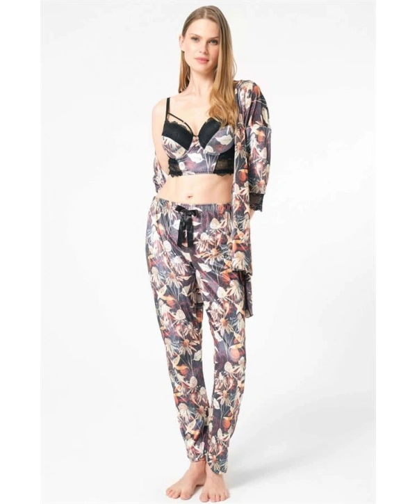 Morliva  Kadife Çiçek Desenli Sabahlık Balenli Destekli Dolgulu Yaka Detaylı Dantelli Büstiyer Sütyen ve Pantolon Pijama 3lü Takım