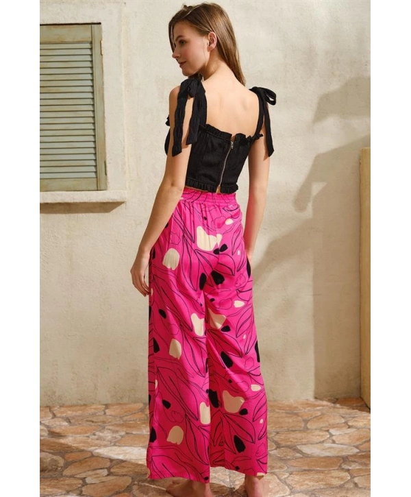 Morliva  Kalın Askılı Viskon Çiçek Desenli Sırt Aksesuarlı Yazlık Dantel Detaylı Pijama Altı