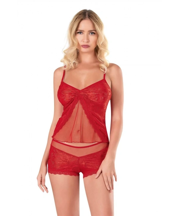 Morliva Kırmızı Jakarlı Babydoll Şort Takımı