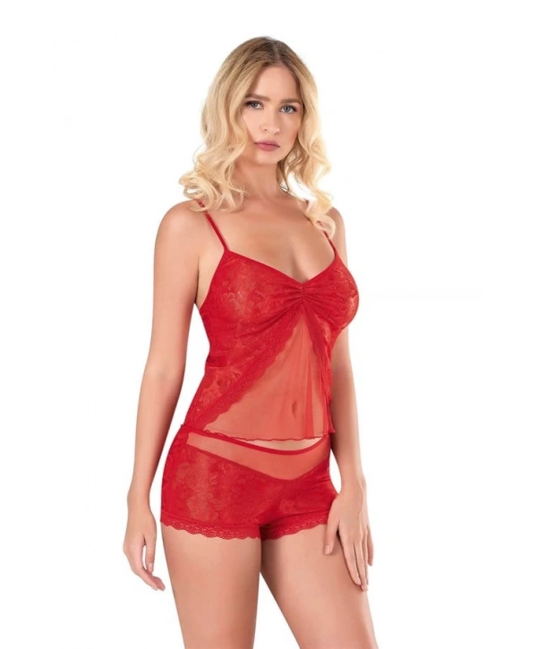 Morliva Kırmızı Jakarlı Babydoll Şort Takımı
