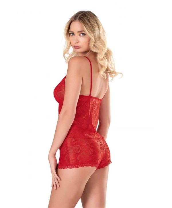 Morliva Kırmızı Jakarlı Babydoll Şort Takımı