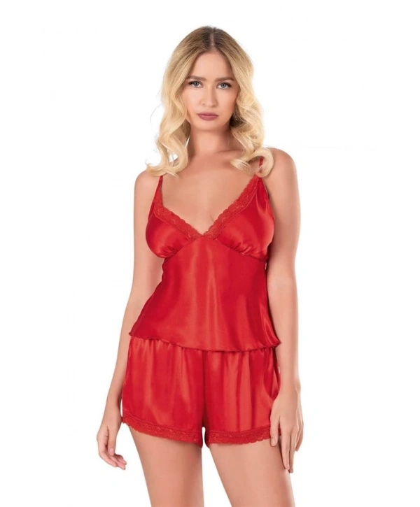 Morliva  Kırmızı Saten Babydoll Şort Takımı