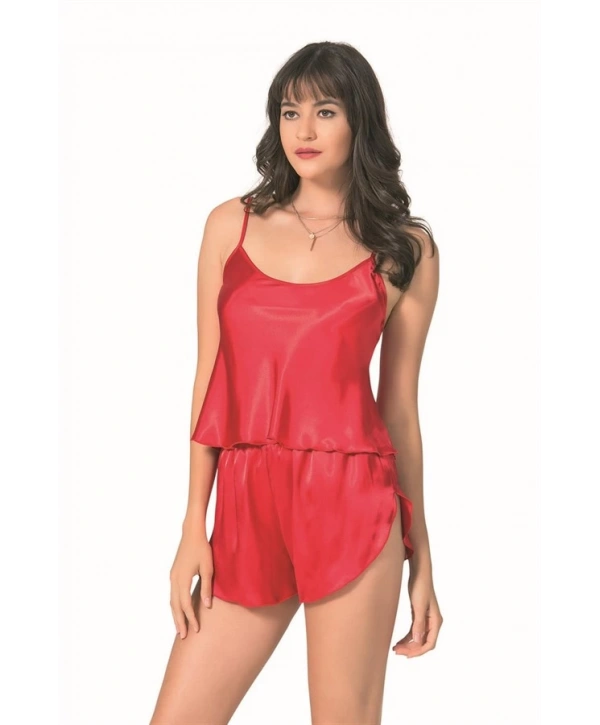 Morliva Kırmızı Saten Babydoll Şort Takımı