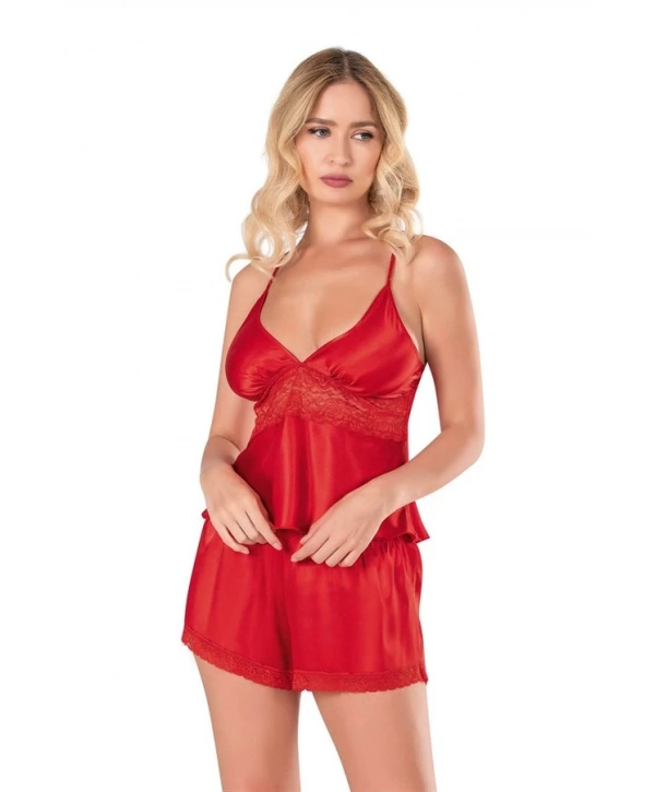 Morliva  Kırmızı Saten Babydoll Şort Takımı
